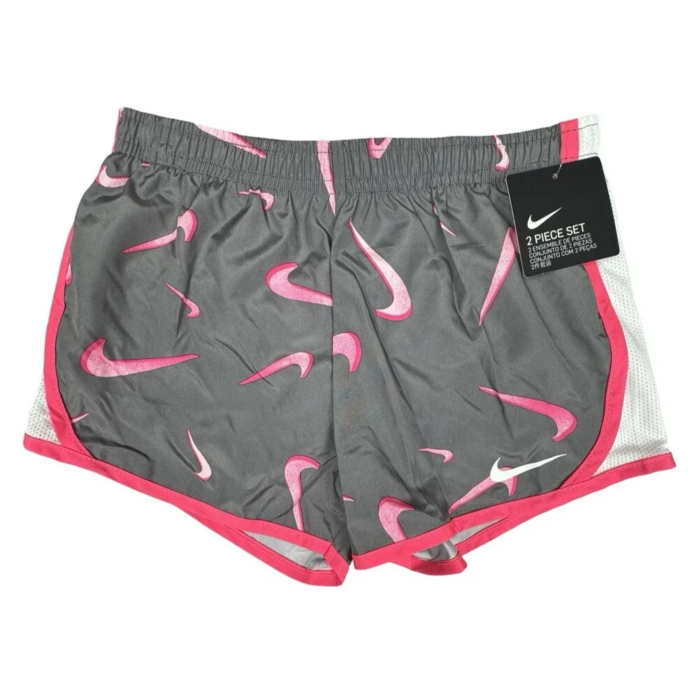 Nike Girls Size 6 Dri-Fit Set 2-Piece Pink Shirt Gray Shorts Athletic Casual New